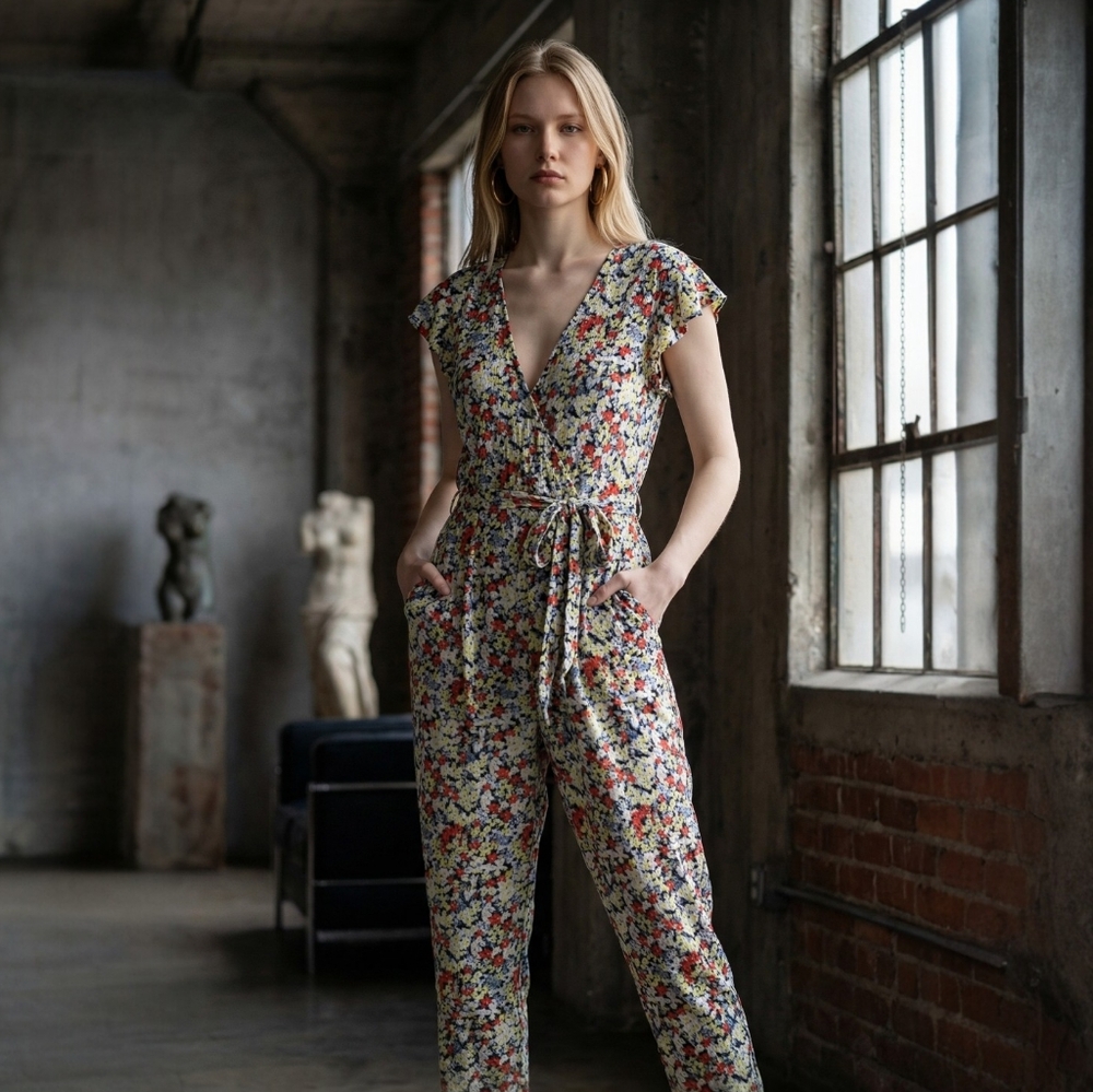 NWOT Free People Ruffle Your Feathers Print Jumpsuit Size SP Cross Over
